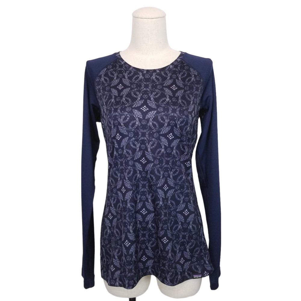 Patagonia Midweight Capilene Baselayer Crew Neck Shirt Blue Geometric Sz Medium